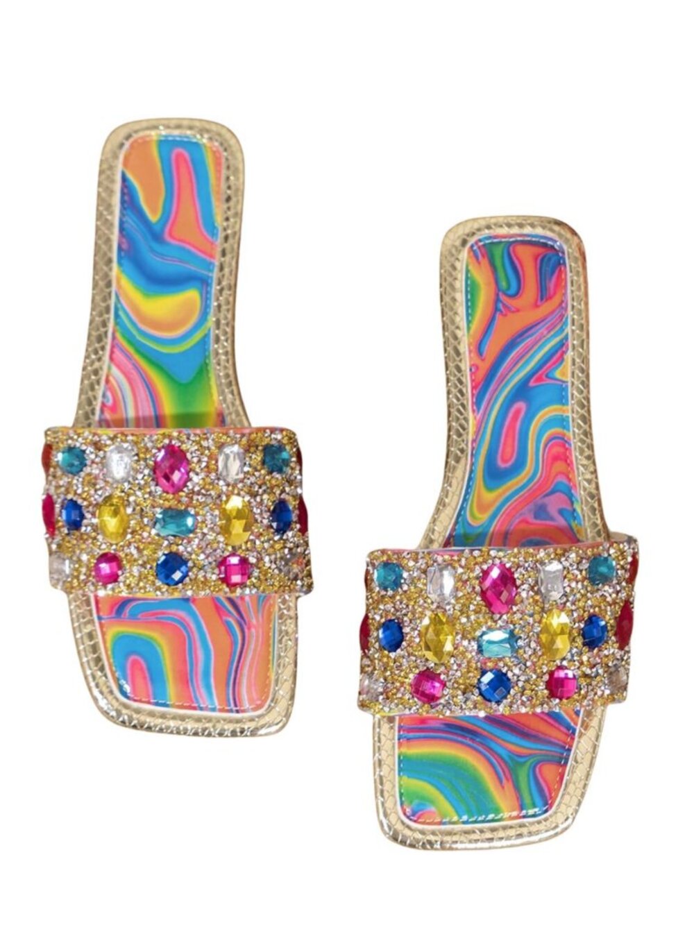 NWOT Retro Funky Jewel Encrusted Slide Sandals Psychedelic Swirl Square Toe 9.5